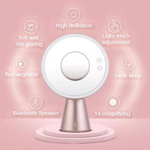 2022 New Style 3 in 1 LED Mirror with Bluetooth Speaker Design Rechargeable LED Makeup Mirror Desktop Vanity Wall Mounte