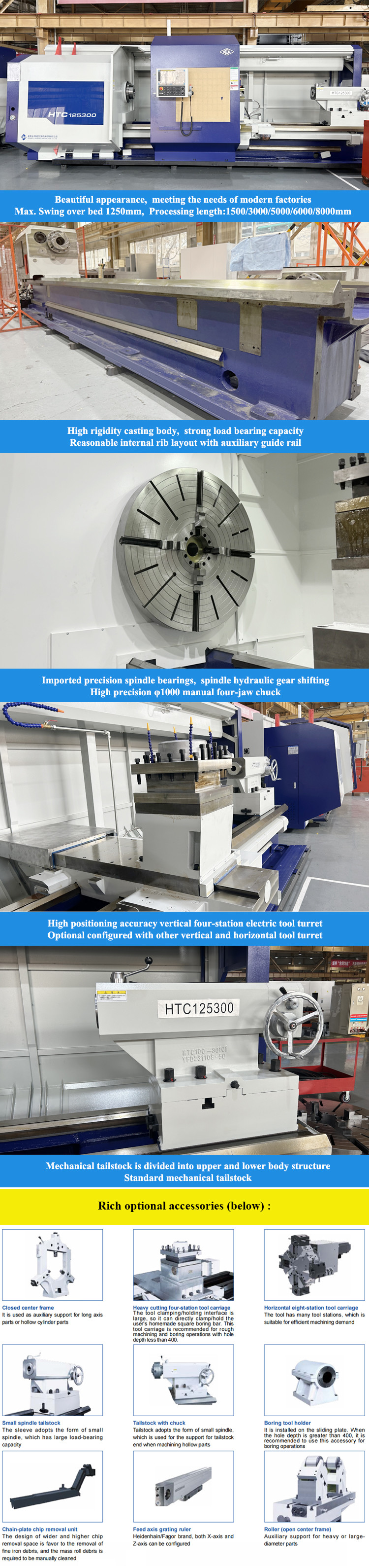SMTCL CNC Heavy Turning Machine HTC125300 Max Cutting Length 3000mm Horizontal Flat Bed CNC Lathe