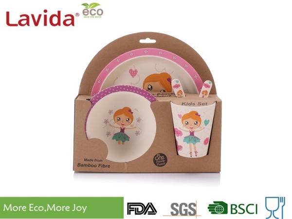 BPA Free School Bamboo Childrens Dinner Set , Round 5 Pieces Baby Bamboo Dinner