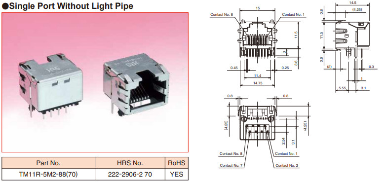 Subminiature LAN Modular Jack Connectors TM11R-5M2-88 TM11R-5M2 Series