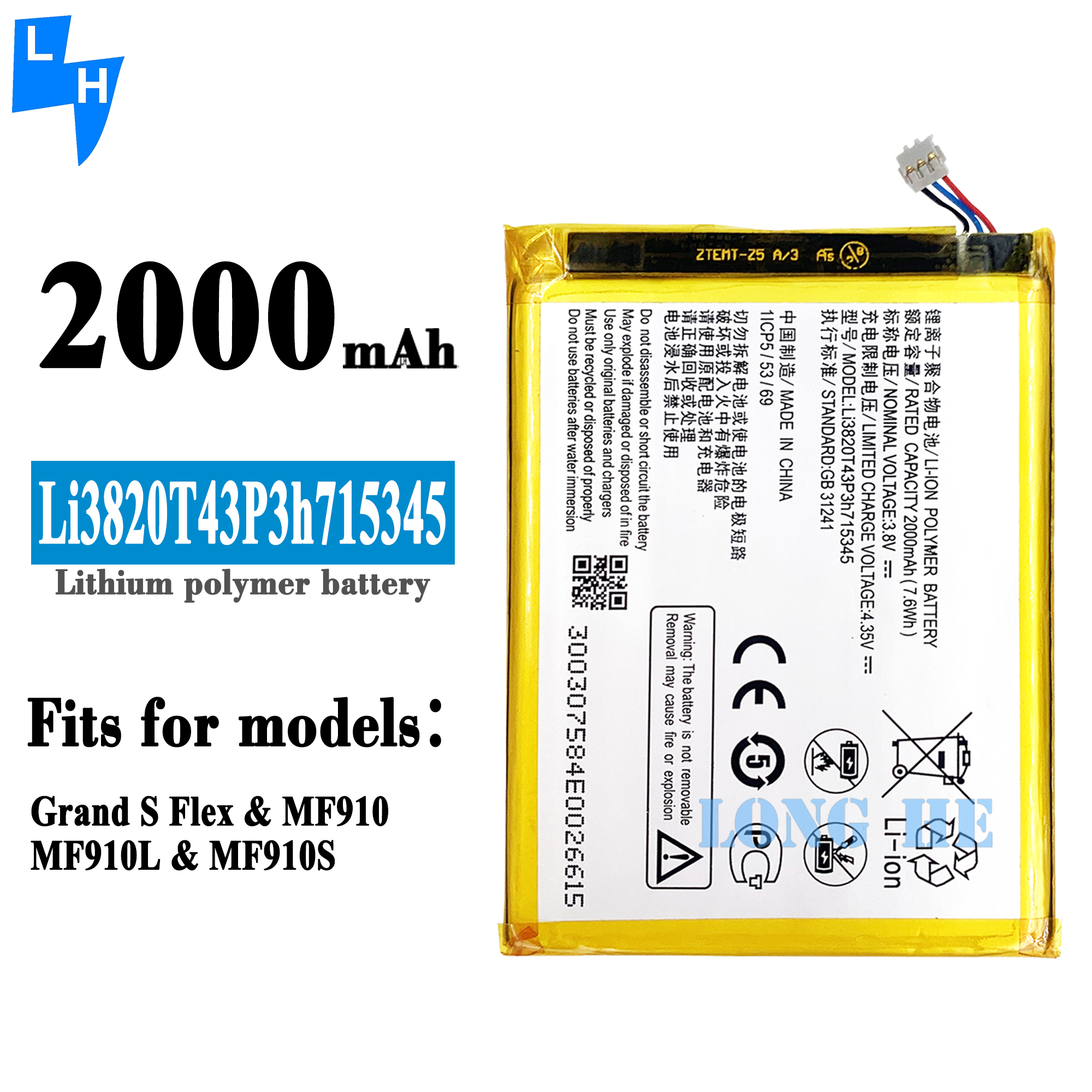 Li3820T43P3h715345 Battery For ZTE MF910 MF910S MF920 MF971 Grand S Flex Long Lasting