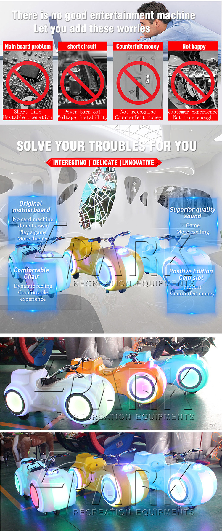 Children Motor Battery Music Coin Operated Motorcycle Ride With Fiberglass Material
