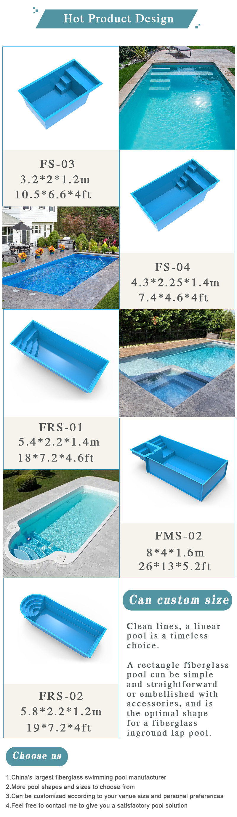 OEM Outdoor Free Standing Fiberglass in Ground Swimming Pool for Home Use