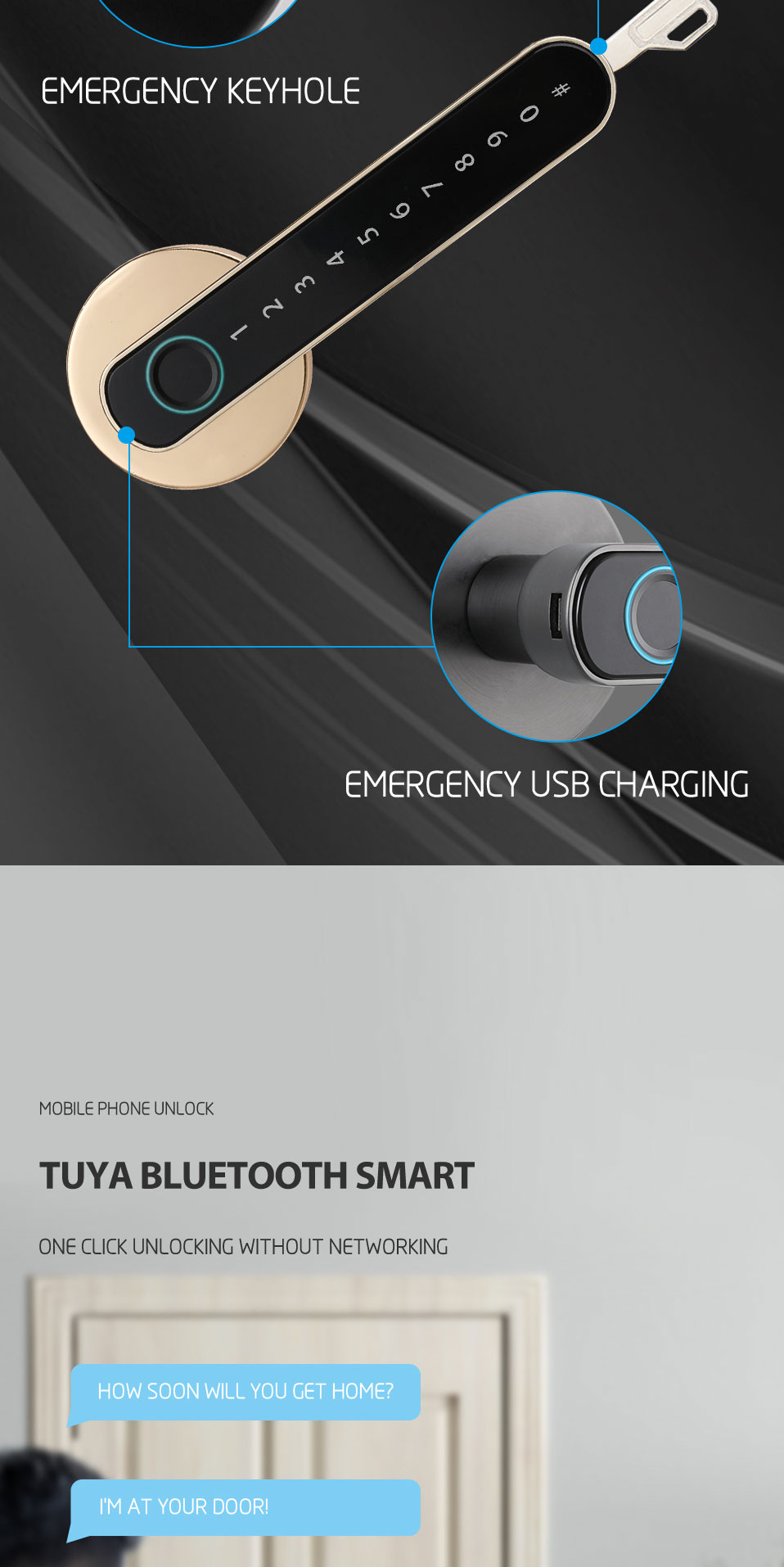 Aluminum Door Keyless Smart Digital Door Lock with Tuya App Passcode and TTlock Control