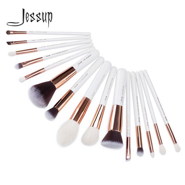 Jessup 15pcs White/Rose gold Makeup Brush Set Natural Soft Bristles Factory
