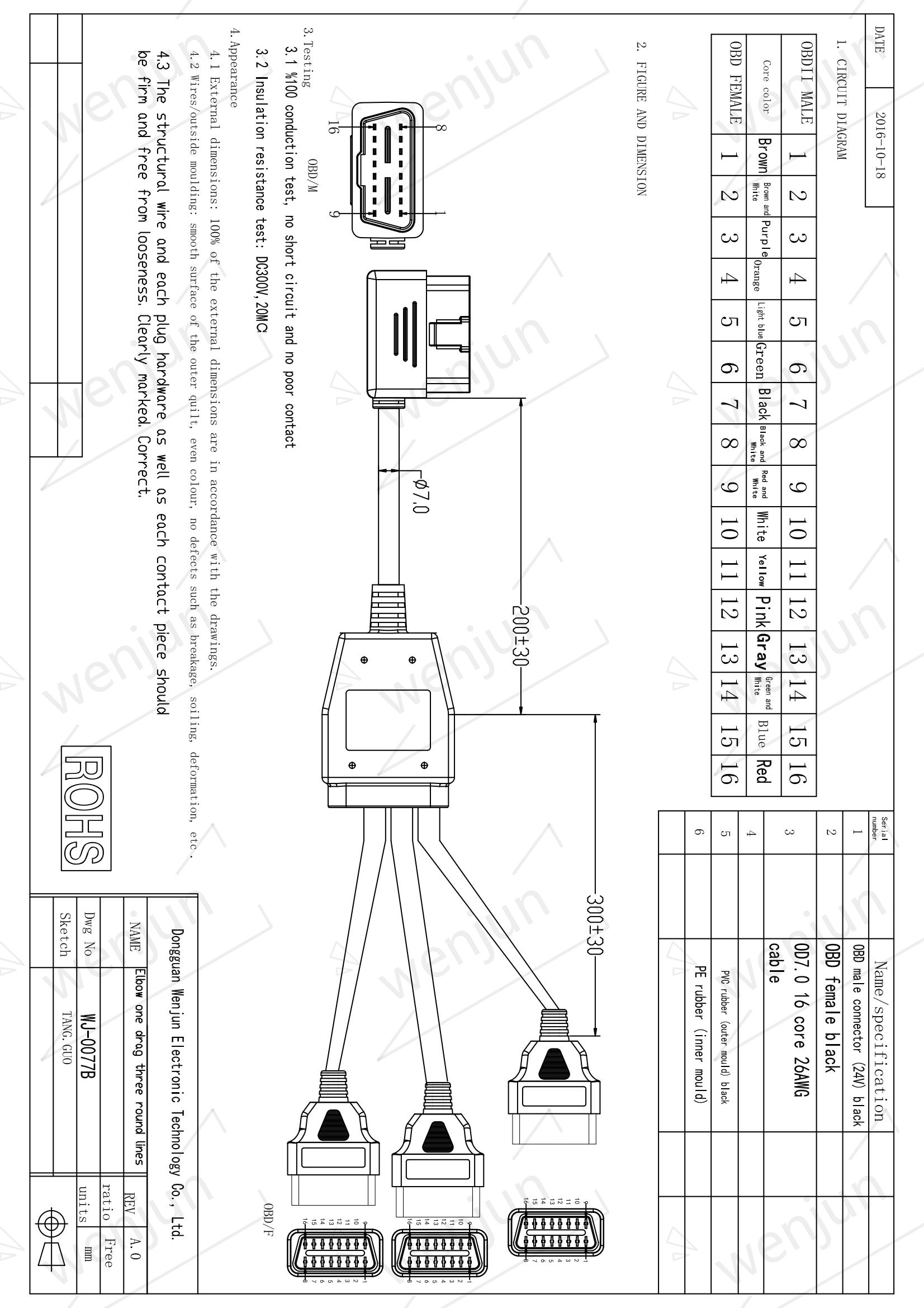 Length 0.5M OBD2 Y cable length 0.5M Y one to three cable assembly for car diagnostics
