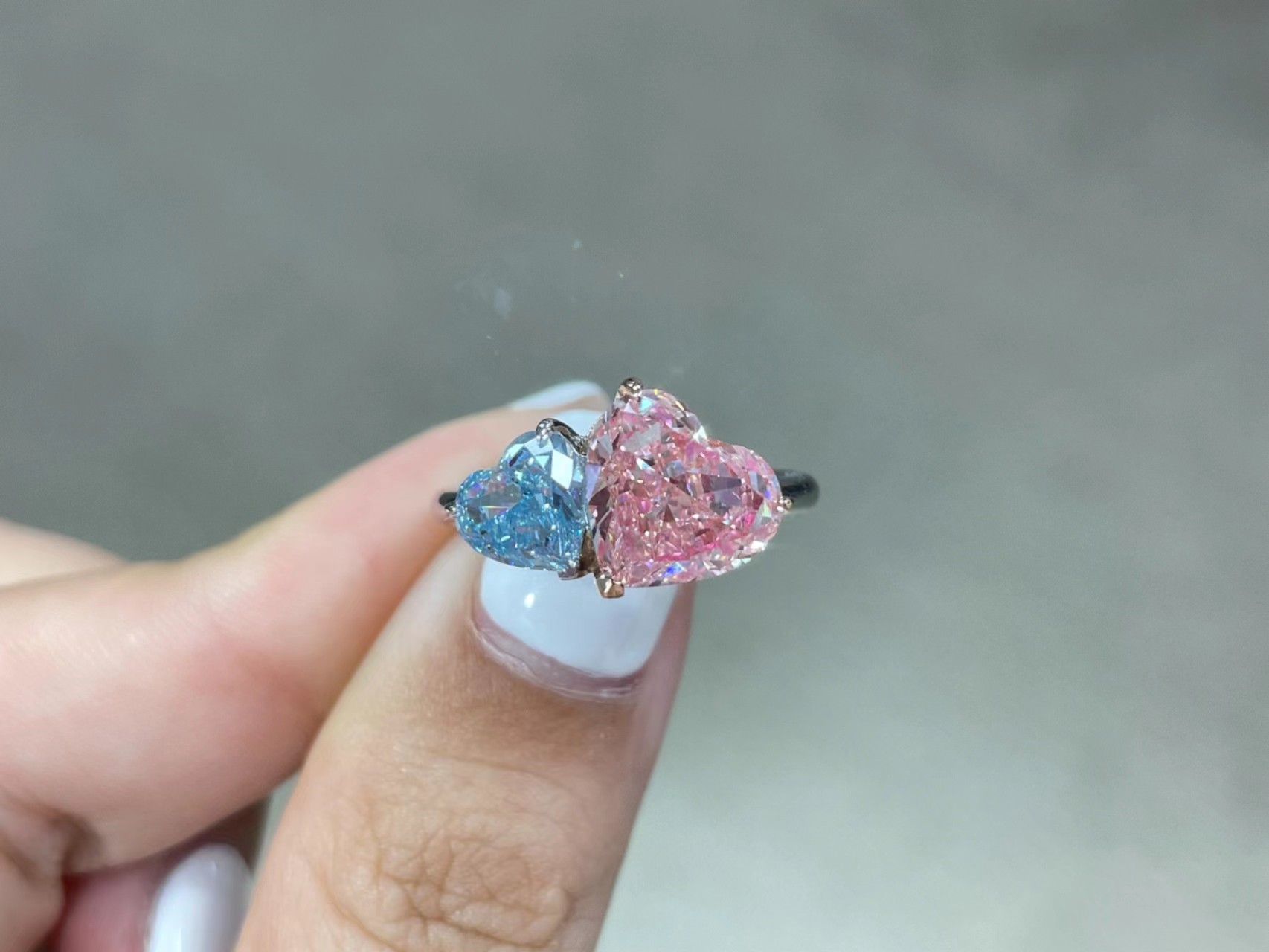 Pink&Blue Lab Grown Diamond Rings Twin Heart Shape 18k White Gold Rings