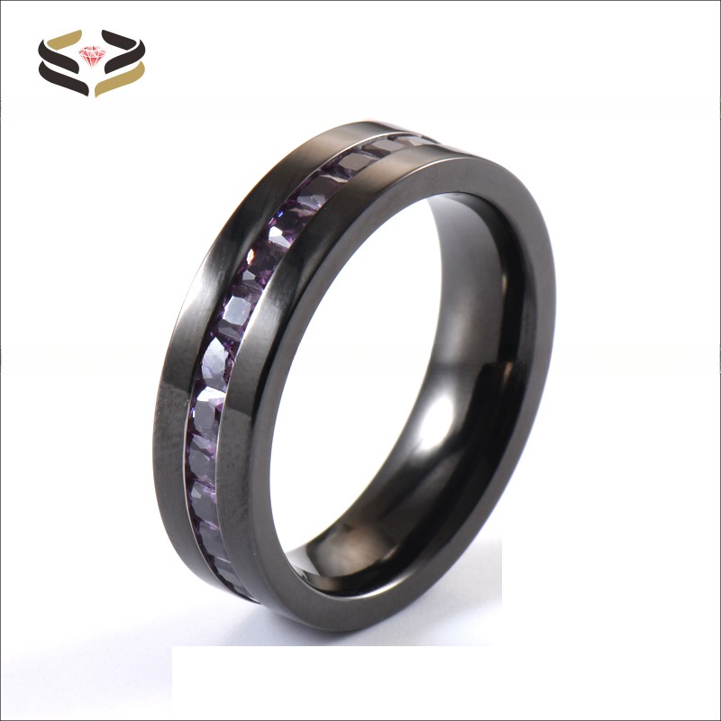 Purple CZ Stone Inlay Wedding Titanium Rings Black Plated Flat Edges Mens 6MM