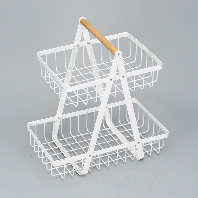 Countertop Wood Handle Iron 2 Tier Wire Fruit Basket For Kitchen Organization