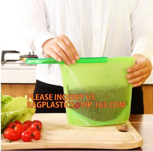 Storage preservation reusable silicone food bag,FDA reusable silicone storage food bag with Zip lockk in microwave bagease