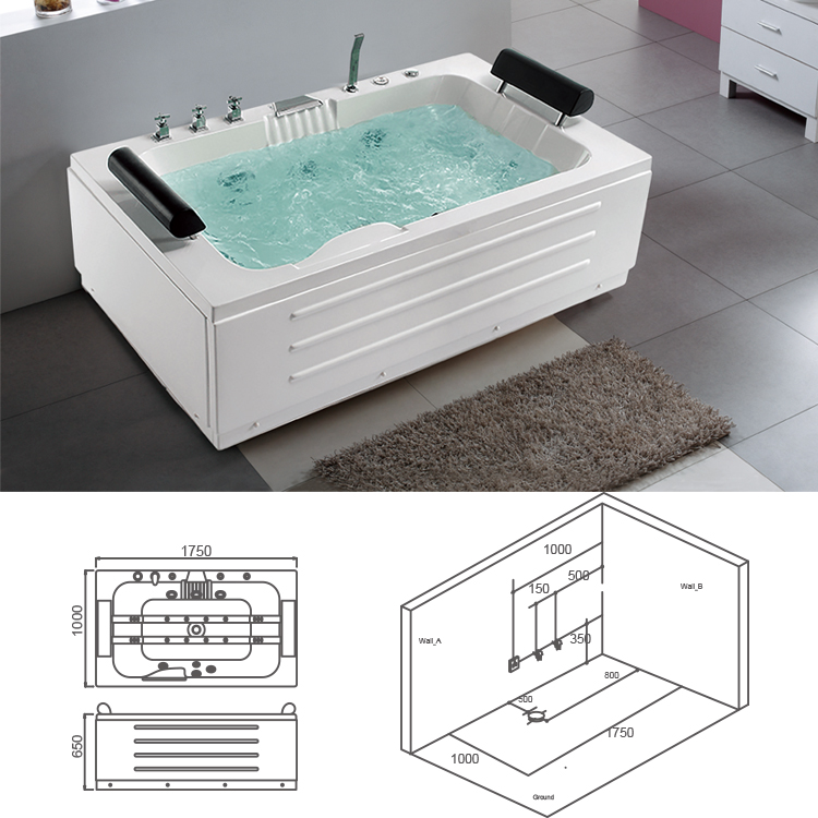 ABS Freestanding White Acrylic Corner Bathtub Rectangular 2 People