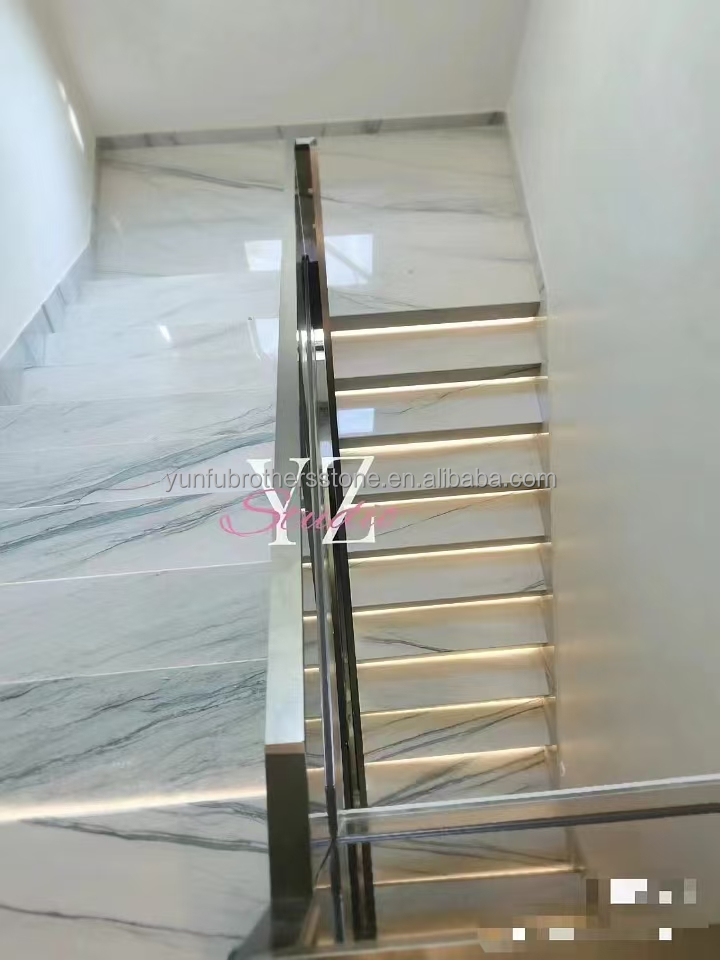 Modern Kitchen Floor and Stair White with Green/Grey Veins Calacatta Marble Book Match Table Countertop