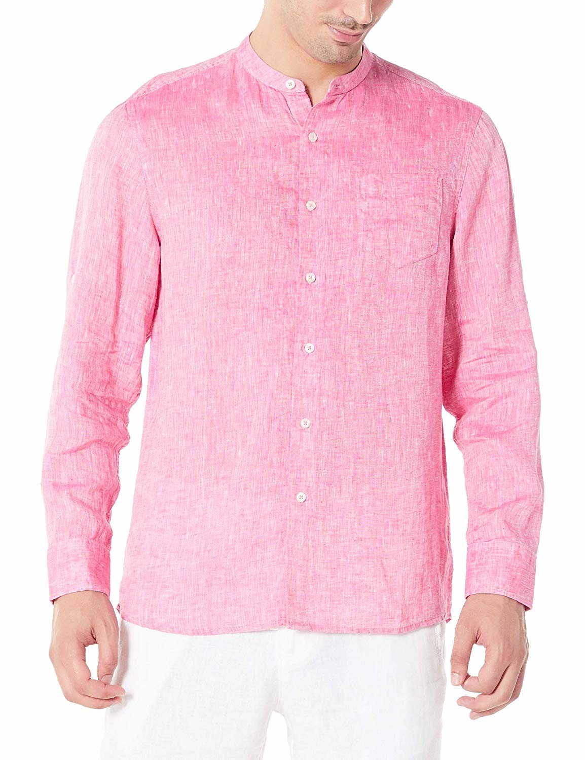Chambray Band Collar Woven Mens Casual Linen Shirts Long Sleeve Standard Fit