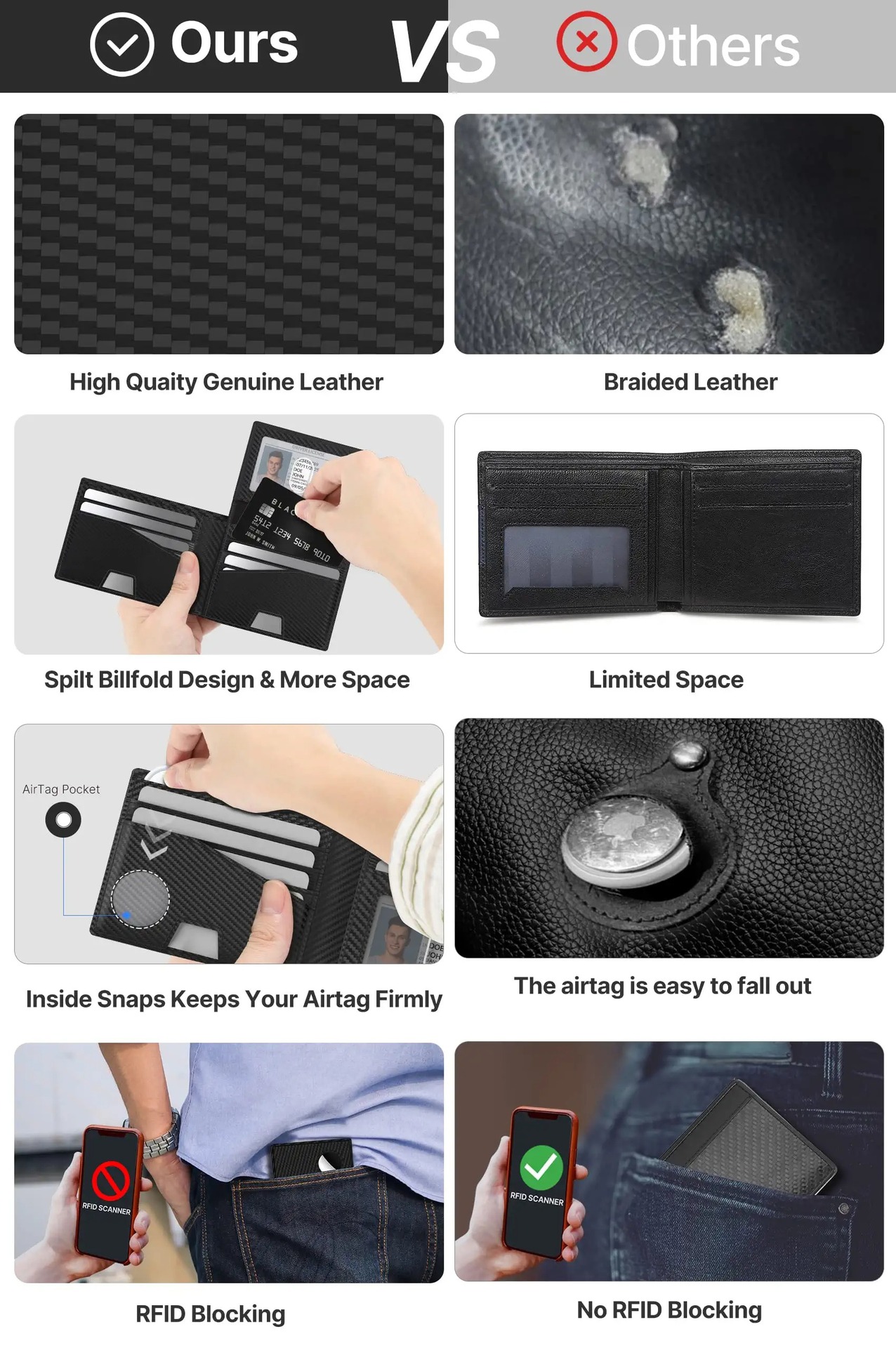 Short Wallet Genuine Leather RFID Blocking Bifold Real Leather Wallet Custom Men's