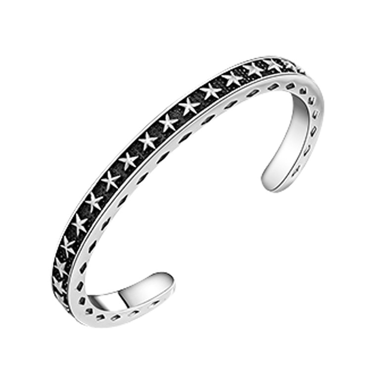 Vintage Black Rhodium Plated Thai 925 Sterling Silver Star Bangle Bracelet(XH057344W)
