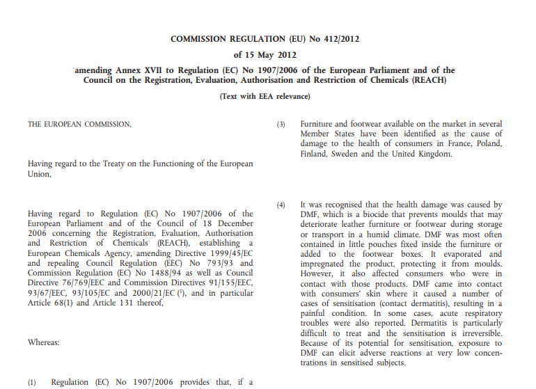 ISO/TS 16186，Regulation (EU) No 412/2012 amending Entry 61 of Annex XVII of REACH Regulation (EC) No 1907/2006
