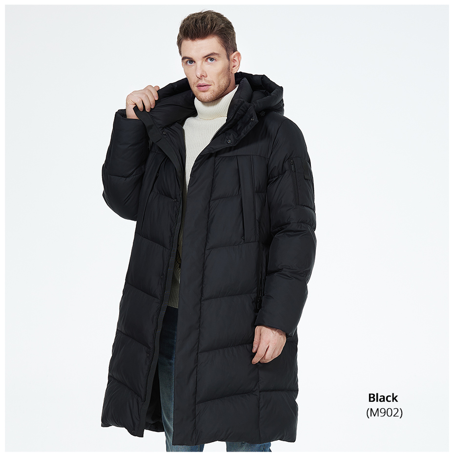 A long down jacket, upper and lower four-pocket design,the ergonomic side slit, straight fit, cold winter coat