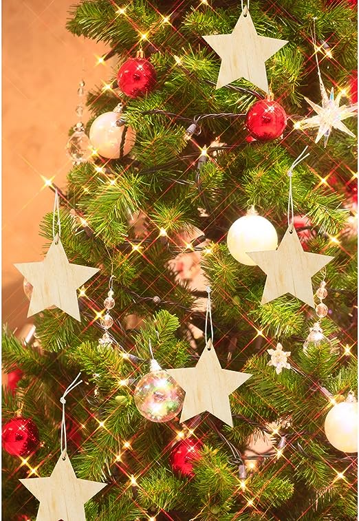 Unfinished Wooden Star Cutouts Hanging Ornaments with Strings for Christmas Wedding DIY Craft Festival Decoration