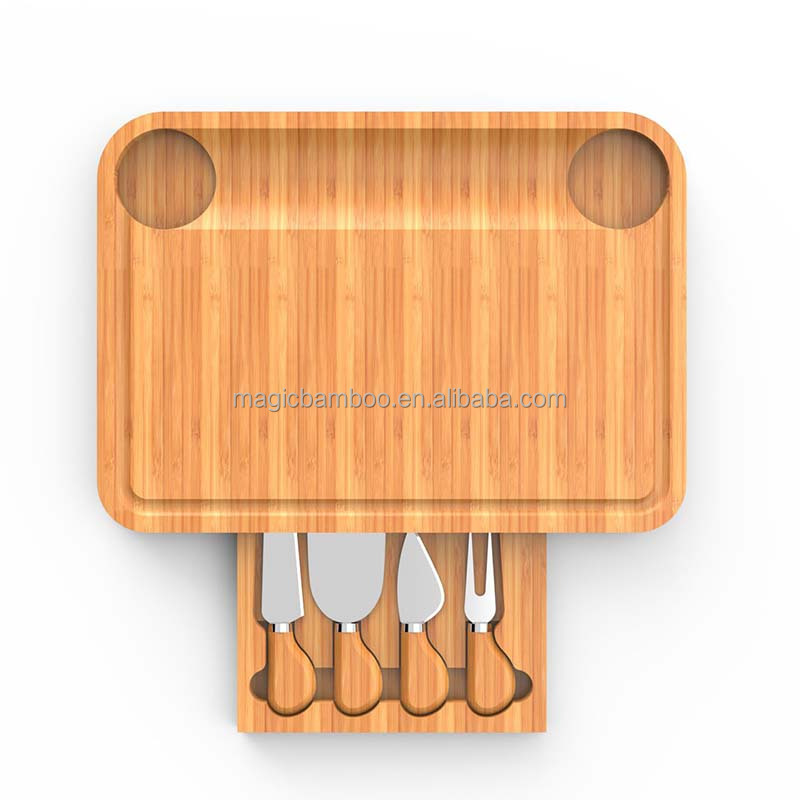 Rectangular Bamboo Cheese Board with Pull-Out Complete Set of Cheese Knives and Design