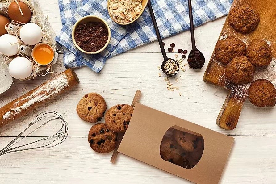 Bakery Bags with Window Brown Tin Tie Tab Lock Bags Kraft Paper Bags for Cookies, Coffee