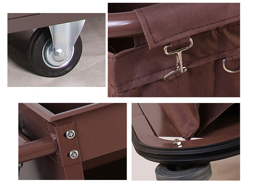Brown Hotel Room Service Trolleys with 6 Inches PPR Casters Heavy Duty Linen Bags