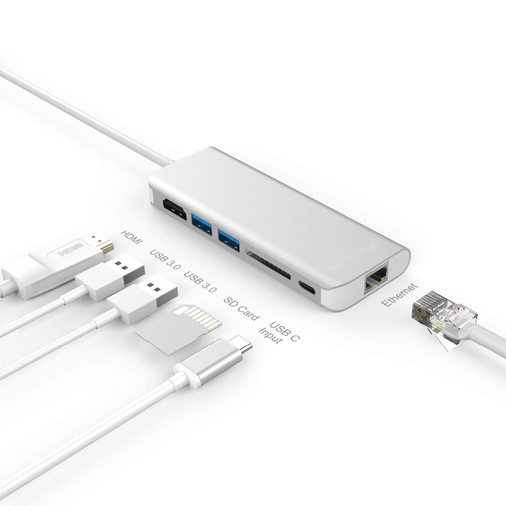 Kico 6 in 1 Type C To LAN + Type C Female + SD + 2*USB 3.0 + HDTV Port Cable Adapter Hub Converter Factory Competitive Price