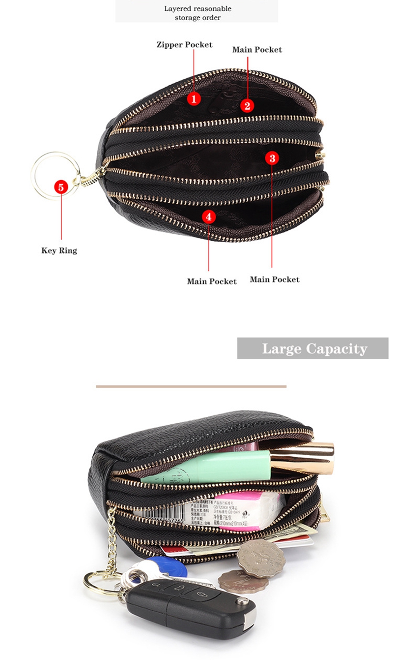 Genuine Leather Purse Three Zip Coin Bag Multi-function Key Bag Wallet Ideal for Daily