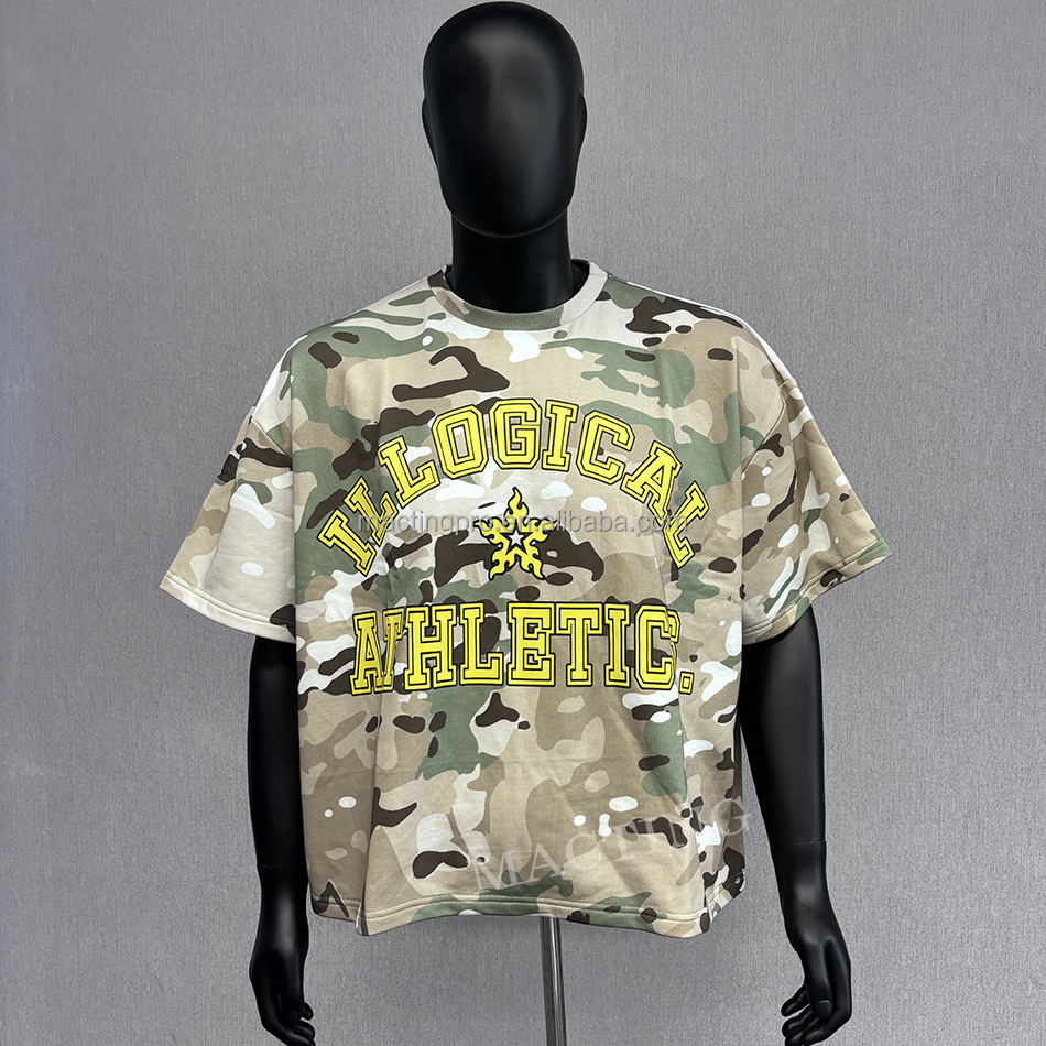 Custom Summer Oversized Camo T-shirt for Men Silk Screen Printed Cropped Boxy T-shirt