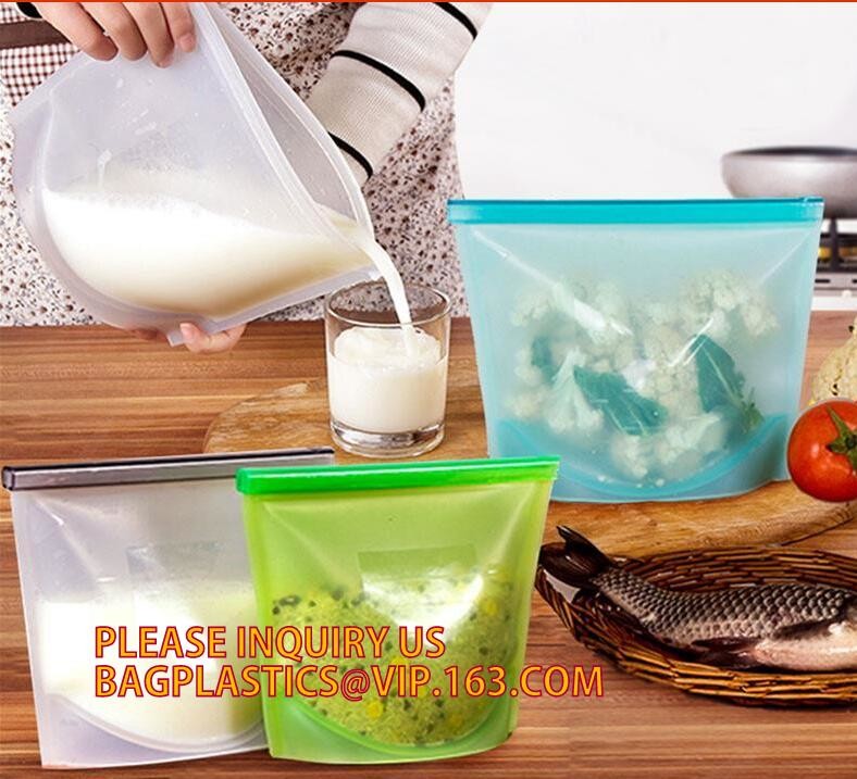 Storage preservation reusable silicone food bag,FDA reusable silicone storage food bag with Zip lockk in microwave bagease