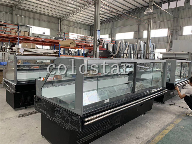 Commercial butcher showcase refrigerator Right angle glass cooked food display chiller