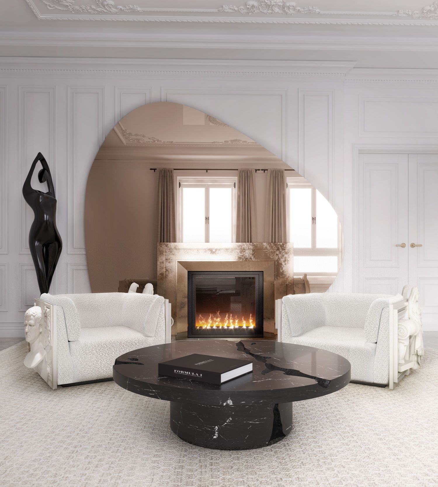 Black Modern Coffee Table Round Marble Top Nordic For Living Room Decor