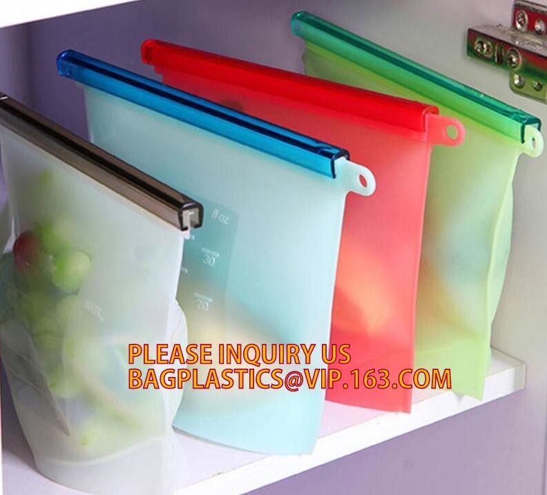 Storage preservation reusable silicone food bag,FDA reusable silicone storage food bag with Zip lockk in microwave bagease