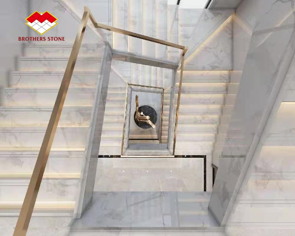 Unique Blue Onyx Backlighting Stair Risers Balustrade for 8-30mm Thickness Arc Stairs