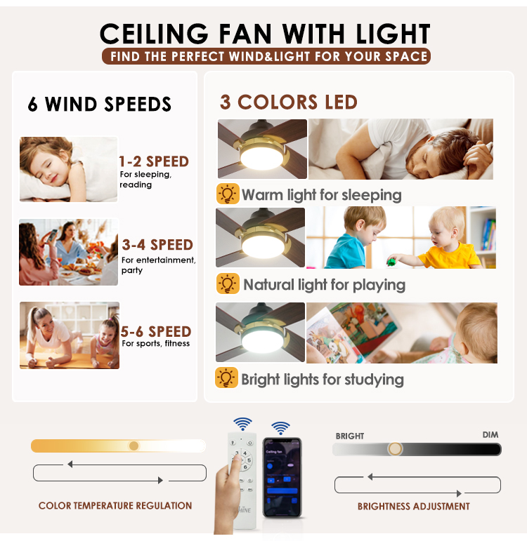 Smart remote control 52 inches 6 speeds MDF black ceiling fan with Metal body material