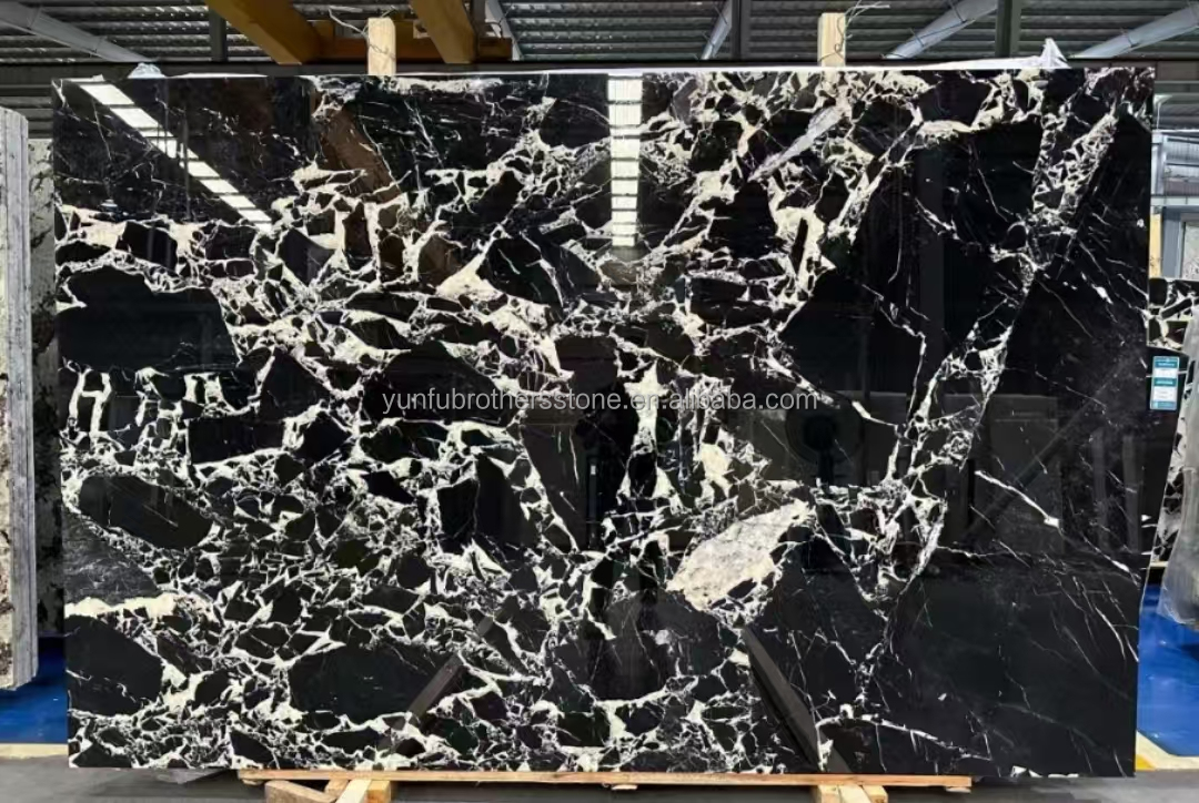 Polished Napoleno Black Marble Glossy Stone for Hotel Villa Long Wall Panel Floor Tile