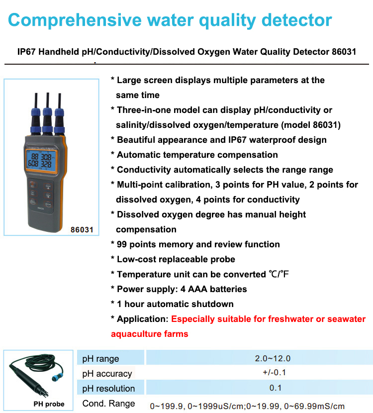 Combo 5 in 1 PH/COND./D.O/TEMP Water Meter For Aquaponic AZ86031 Portable Fish Pond IP67