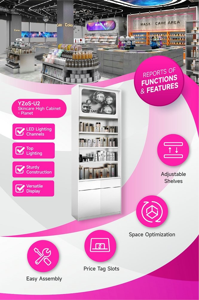 YZoS-U2 Top Lights Skincare Display Cabinet with Wooden Shelves and LED Strips