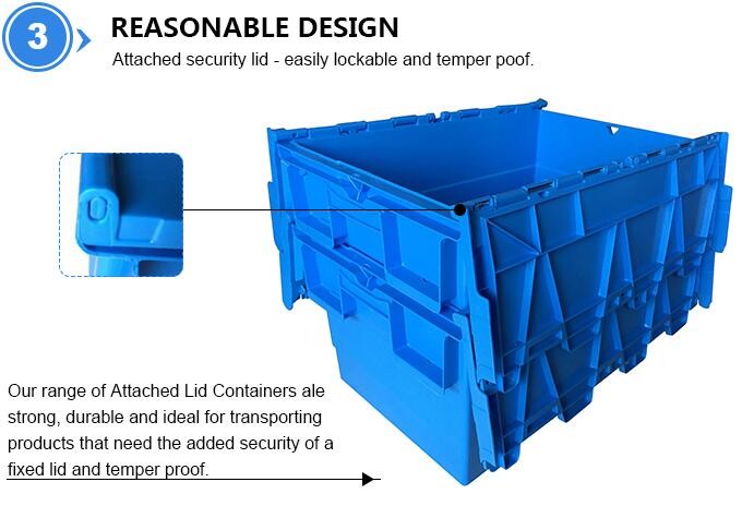 Heavy duty stackable attached lid turnover box, Stackable and nestable plastic shipping tote box for storage or moving