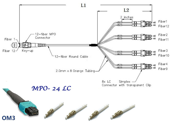 QSFP Fiber MPO MTP Patch Cord , MPO To Lc Duplex Breakout Cable 24 Fan Out