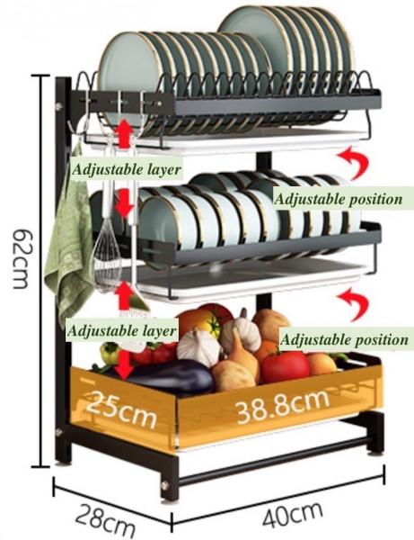 Compact 400*280*620mm Stainless Steel Kitchenwares SGS 3 Layer Dish Rack
