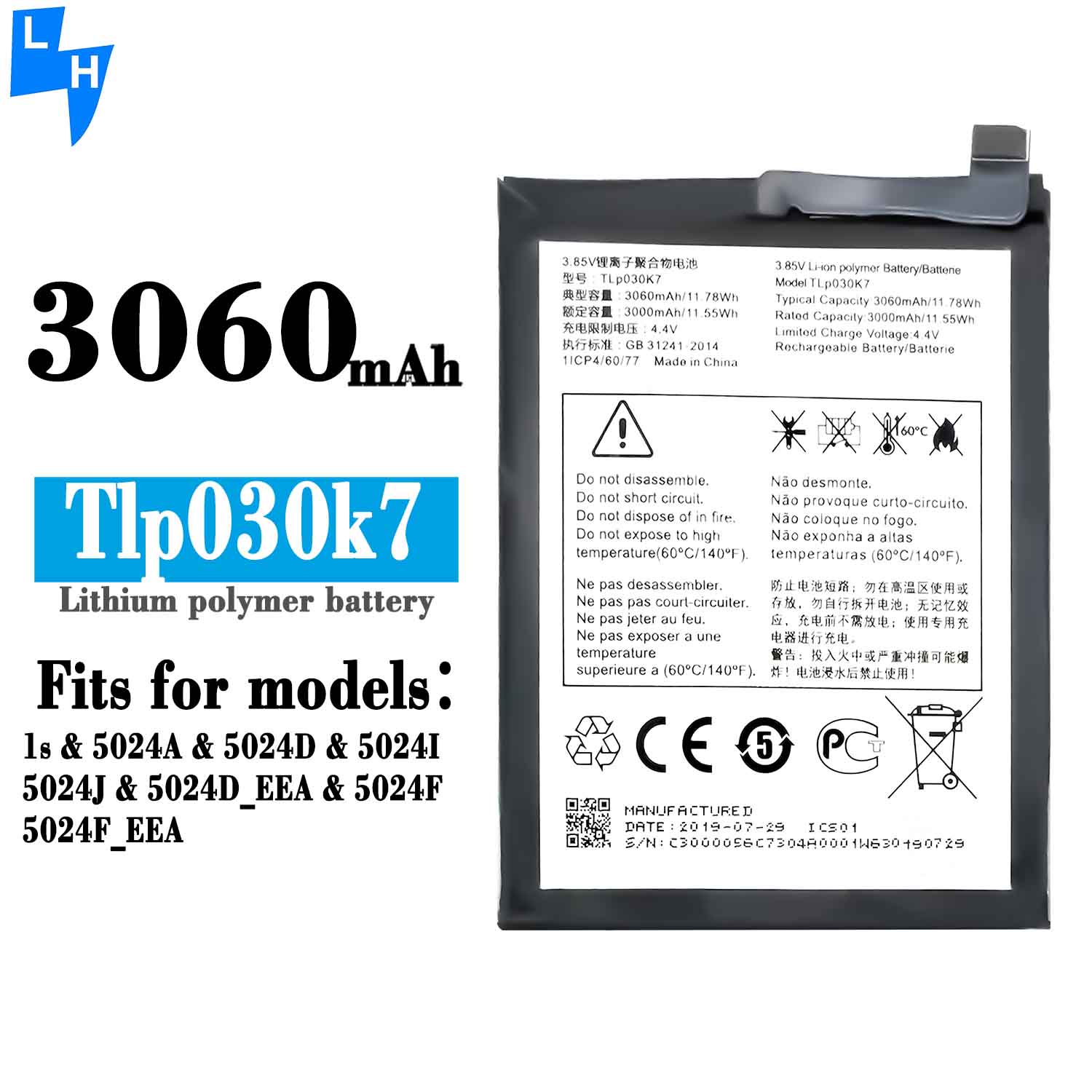Original Capacity OEM TLP030K7 Rechargeable Batteries for Alcatel 1S Mobile Phone