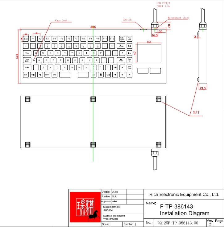 IP67 Desktop Industrial Waterproof Keyboard With Touch Pad SUS304 stainless steel
