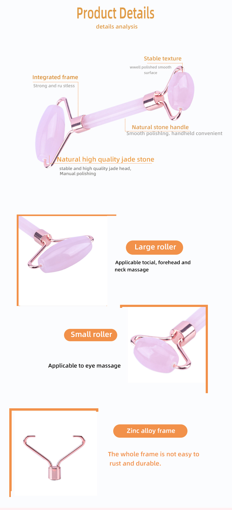 Rose Quartz Crystal Face Jade Roller Anti Aging Logo Customized