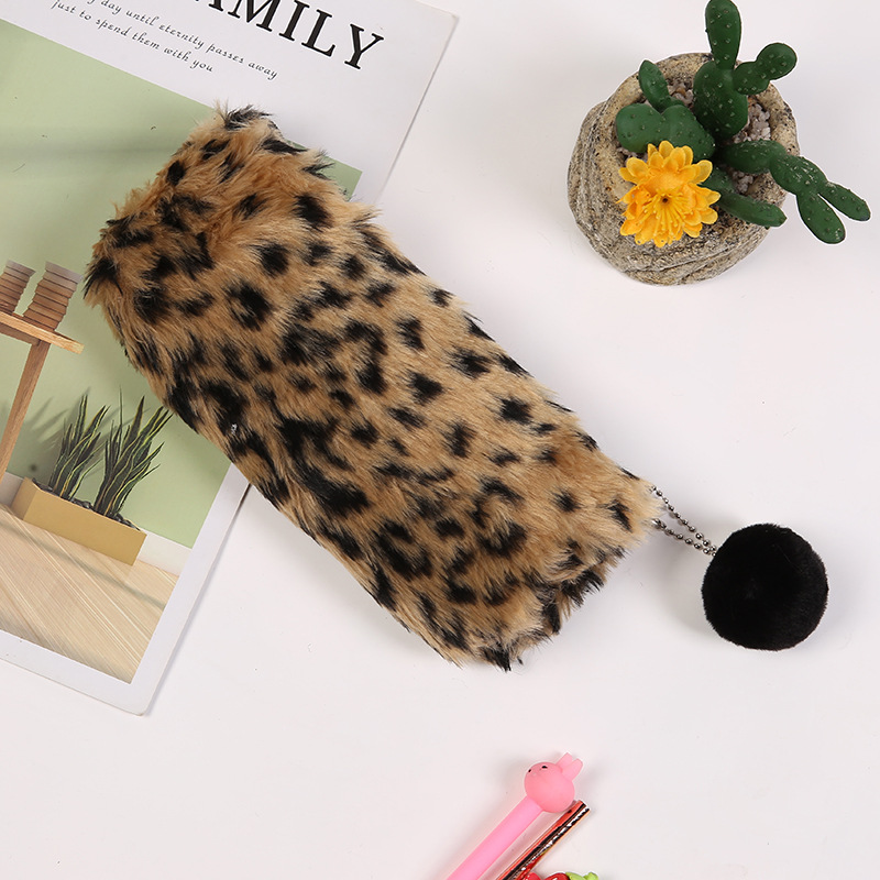Creative Leopard Print Plush Pencil Case Cute School Bag Stationery Pencilcase Girls School Supplies Student Storage Bag