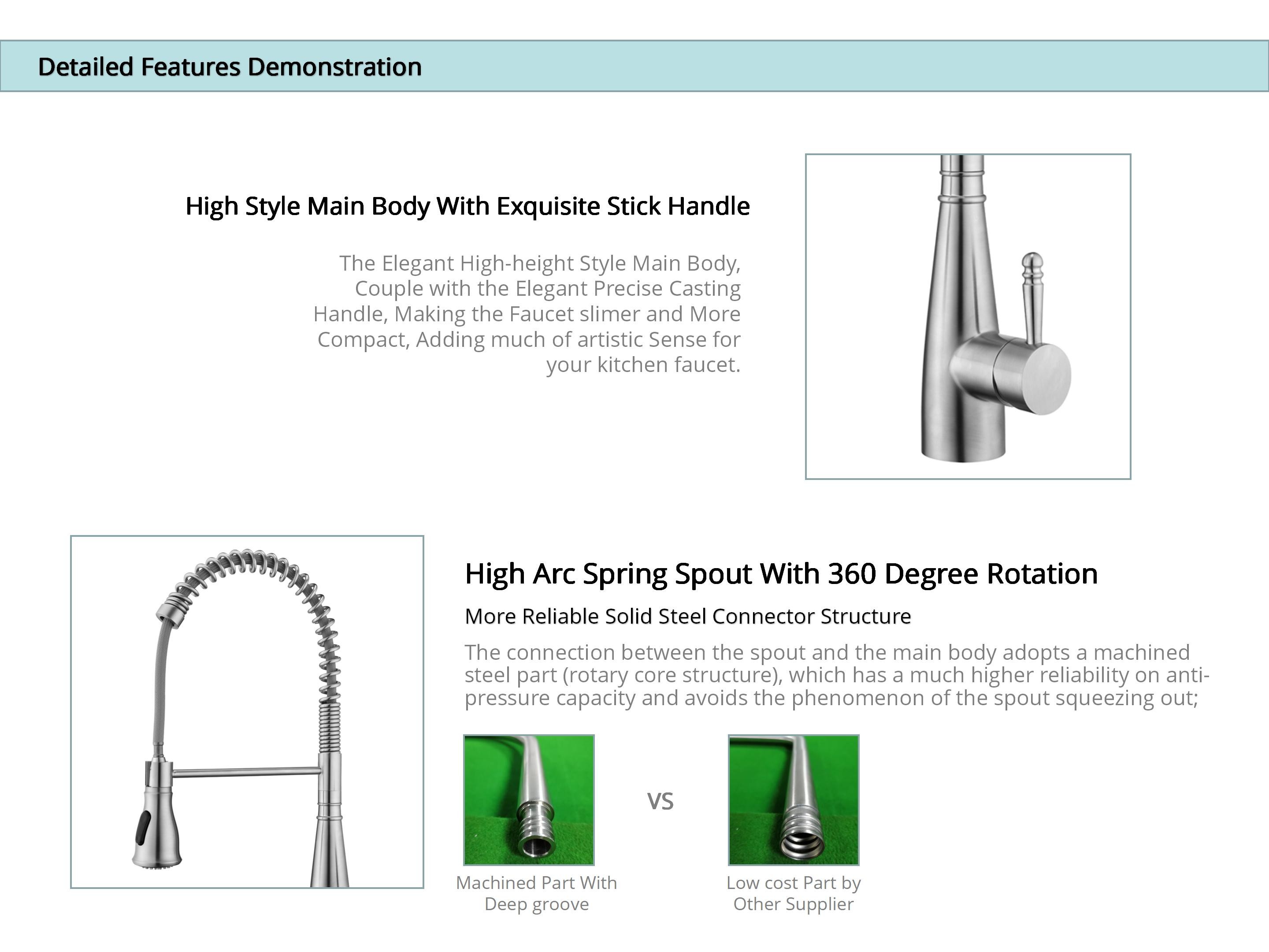 Commercial Spring Spout Single Lever Kitchen Faucet 18/10 Stainless Steel PEX Hose