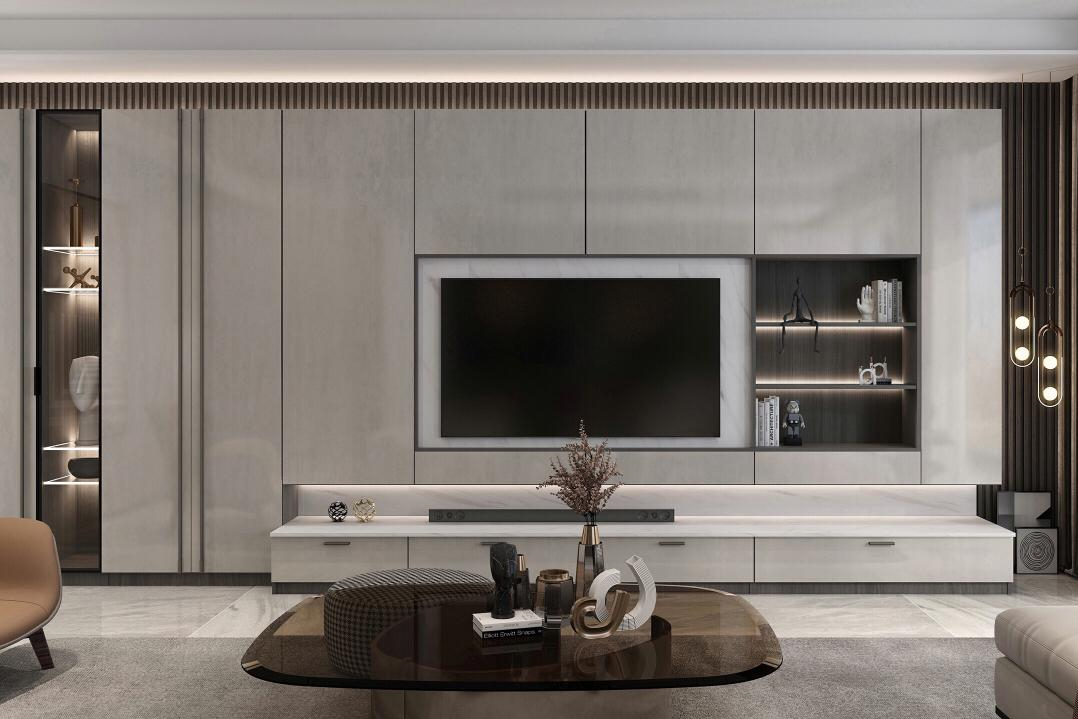 2022 Home Interior Wall Decorating Ideas Modern Living Room Wood PANEL TV Cabinet Design