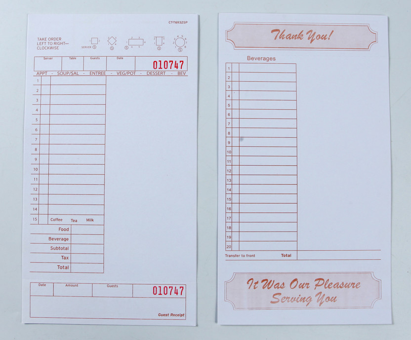 CT-T6932 single part English restaurant Guest check with Sequentially Numbered Features for International Hotels