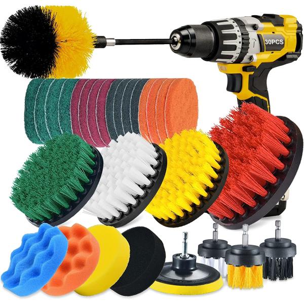 Quality 30 Piece Drill Brush Scrub Pads and Sponge with Extend Long Attachment for sale