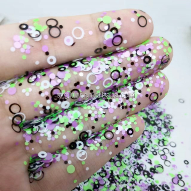 Customized Color Resin Glitter Glitter White Open Circle Black Open Circle Neon Green Round and Neon Purple Round Mixes