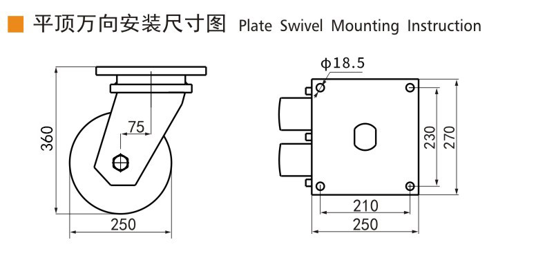 EDL 10 Inch 5000kg Ultra Heavy Duty Dual Wheel MC Nylon Caster Plate Rigid Swivel Type 9510-26
